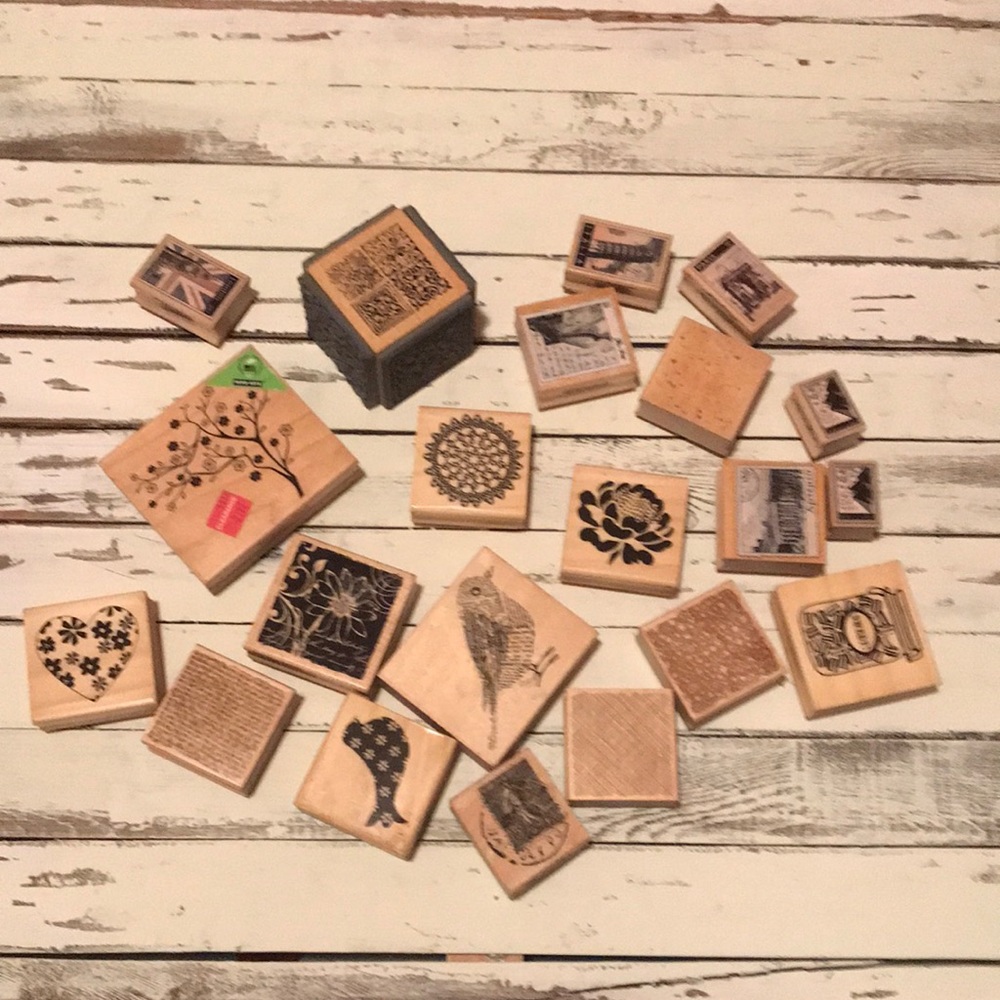 21 Gently used stamps. Good condition and great for crafting.